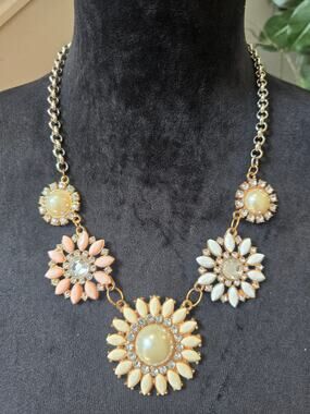 Gold Tone Peach Ivory Floral Rhinestone Statement Necklace